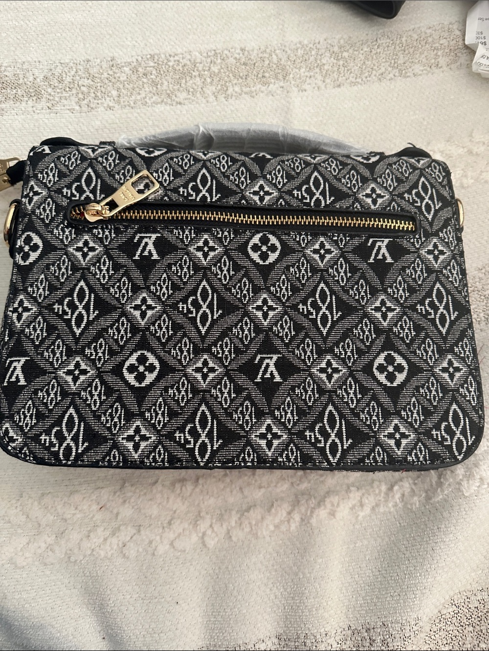 Designer inspired Black & White Monogram Jacquard Crossbody with Turquoise Lock - Picture 2 of 4